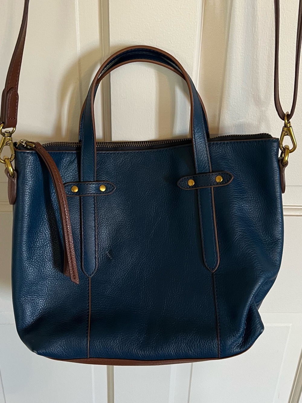 Fossil Navy Leather Tote with Brown Trim